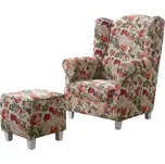 Křeslo ušák AS s taburetem - květované, béžová květy (vzor MIL16870/bílé)