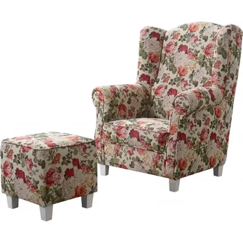 Křeslo Křeslo ušák AS s taburetem - květované, béžová květy (vzor MIL16870/bílé)