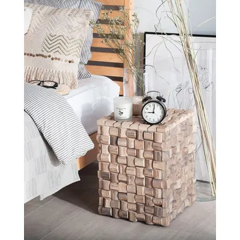 Noční stolek Noční stolek světle hnědý dřevěný teak 43 x 32 x 32 cm, moderní mozaiková čtvercová ložnice Beliani