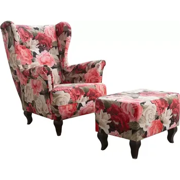 Křeslo křeslo ušák Royal s taburetem, červená květy (Flauer 1/ořech)