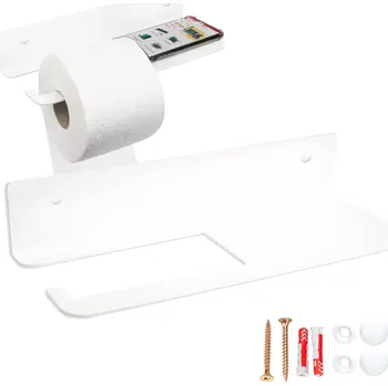 Stojan na toaletní papír s poličkou, bílý kov
