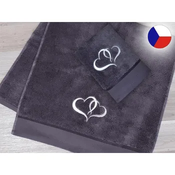 Ručník Luxusní ručník s výšivkou antracit 450g Srdce bílá/stříbrná