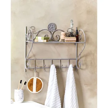 police Nástěnná koupelnová police šedá kovová 42 x 47 cm s háčky vintage design doplňky do koupelny Beliani