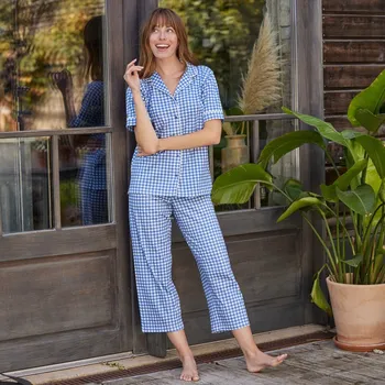 Dámská móda Pyžamo se 7/8 kalhotami a s potiskem vichy kostky modrá 50