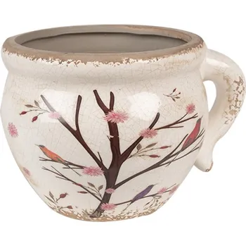 Obal na květináč Béžový keramický obal na květináč s keři, šípky a ptáčky Satin s uchem – 17x14x12 cm