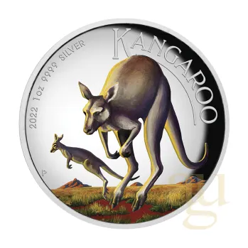 1 unce stříbrná mince Austrálie klokan 2022 - leštěná deska - High Relief - coloriert