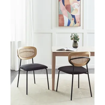 Sada 2 jídelních židlí černé polyesterové čalounění přírodní ratan s vídeňským výpletem černé kovové nohy bez područek Beliani