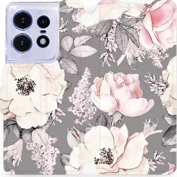 Pouzdro na mobilní telefon Flipové pouzdro Mobiwear - Motorola Edge 50 Pro - MX06S Květy na šedém pozadí (Knížkové flip pouzdro, obal, kryt na mobil Motorola Edge 50 Pro - MX06S Květy na šedém pozadí, materiál Umělá kůže + TPU - ochrana 360°, stojánek, silikonová vanička, magnetick