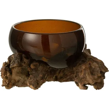 Váza Hnědá váza z recyklovaného skla na dřevu Gamal - 14*14*9 cm