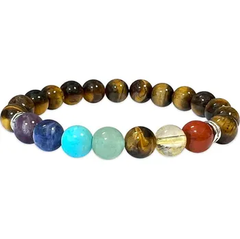 Drahý kámen Mani Bhadra Mani Bhadra Náramek s drahými čakrovými kameny 7 Chakra a kameny Tygří oko (korálky&nbsp;Ø cca 8 mm)