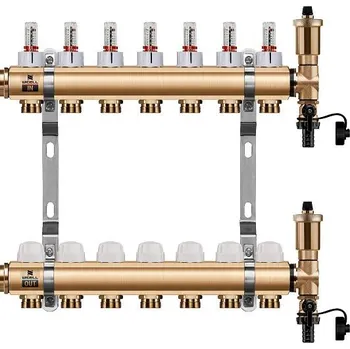 rozdělovač topení Wigell Podlahový rozdělovač WIGELL, 7 okruhů, mosazný + automatické odvzdušňování