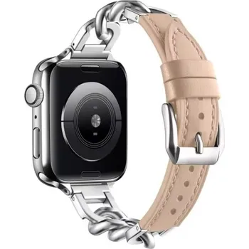 Ostatní příslušenství k chytrým hodinkám eses Kožený řemínek s řetízkem pro Apple Watch - Béžový, 42mm, 44mm, 45mm, 49mm
