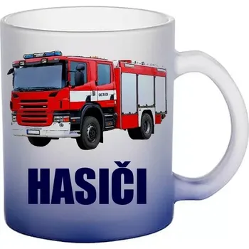 Scania CAS 20 modrý skleněný hrneček HASIČI (hrneček s hasičským autem matné sklo )