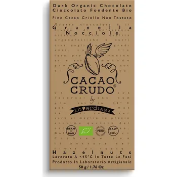Cukrovinka Cacao Crudo Raw Hořká čokoláda s nasekanými lískovými oříšky, BIO, 50 g *IT-BIO-006 certifikát