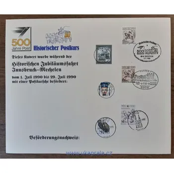 Sběratelství Rakousko, Belgie, NSR, Berlín, Pamětní obálka k 500. výročí pošty, jízda historického poštovního dostavníku, certifikát, r. 1990