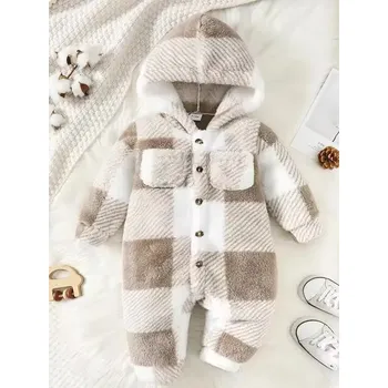 Kojenecká kombinéza Zimní plyšový kojenecký overálek hnědo-běžovo-bílý s kapucí Velikost: 18-24 měsíců