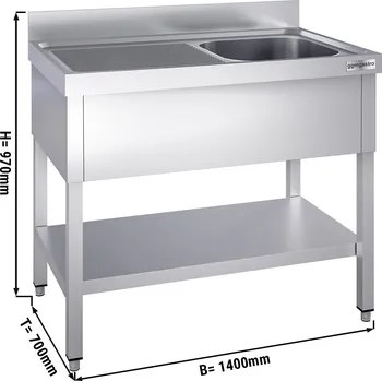 Nerezový dřez G.Gastro Mycí stůl PREMIUM z nerezové oceli - se spodní policí - 1,4 m - 1 dřez vpravo - D 60 x Š 50 x H 30 cm