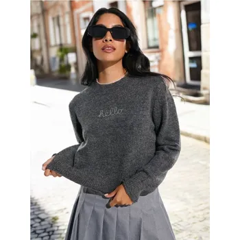 Dámský svetr Sinsay - Svetr s lesklým nápisem - šedá - 743CZ-90M - 743CZ-90M-XS-1