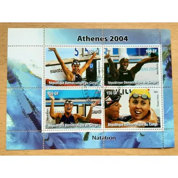 Poštovní známka Kongo raz. aršík, OH Atény 2004, plavání, r. 2004