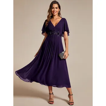 Dámské šaty Midi svatební šaty pro hosty s krátkými rukávy Barva: Fialová, Velikost: 8XL