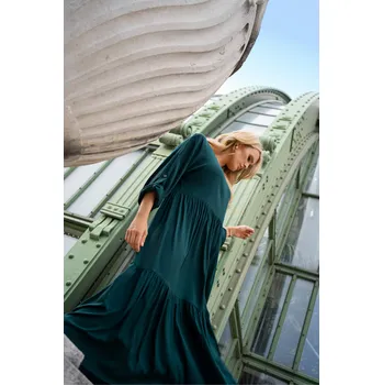 Dámské šaty Volné, kimono maxi šaty z viskózy s volány A669 Barva: Zelená, Velikost: M