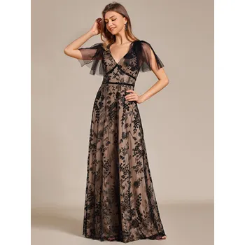 Dámské oblečení Elegantní tylové šaty s výstřihem do V a výšivkami Barva: Černá, Velikost: XS