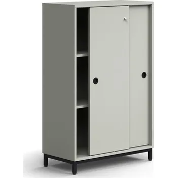 Policová skříň Skříň s posuvnými dveřmi QBUS, 2 police, nohy, úchytky, 1252x800x400 mm, černá, světle šedá