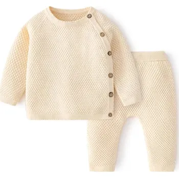 Kojenecké oblečení 2-dílná kojenecká pletená souprava svetřík dlouhý rukáv a tepláčky Barva: Béžová, Velikost: 6-12 měsíců