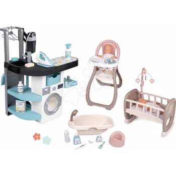 Doplněk pro panenku Set prádelna s pračkou s předním plněním a jídelní židle pro panenku Wash&Clean Laundry Smoby s elektronickým vysavačem a vanička s nočníkem