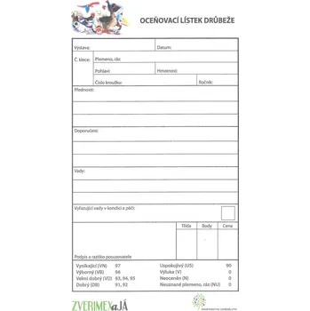 Oceňovací lístek drůbeže
