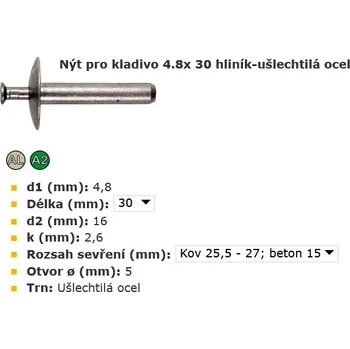 Nýt SCH Nýt pro kladivo průměr 4,8mm hliník-ušlechtilá ocel Varianta: Nýt pro kladivo 4.8x 30 hliník-ušlechtilá ocel