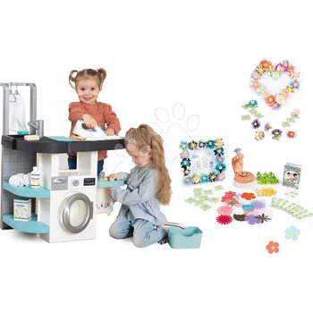 Dětské zboží Set prádelna s pračkou s předním plněním a květinářství s výrobou ozdobných květin Wash&Clean Smoby s elektronickým vysavačem se zvukem