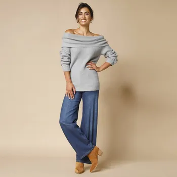 Dámský svetr Pulovr se širokým výstřihem šedý melír 38/40