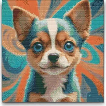 Diamantové malování Diamantové malování - Štěňátko v odstínech tyrkysové a oranžové Velikost: 50x50cm, Rámování: Pouze srolované plátno, Diamanty: Čtvercové