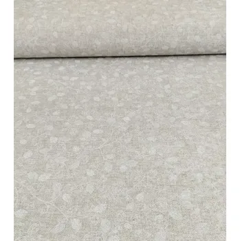 Loneta dekorační látka lístečky bílé na béžové | RTex