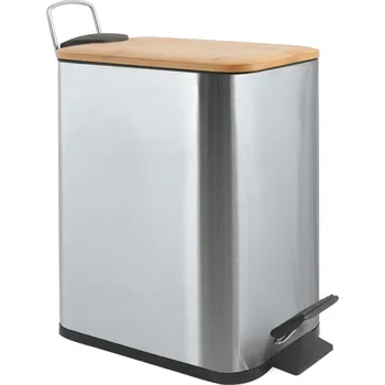 Odpadkový koš Spirella pedálový odpadkový koš ERIK, kartáčovaná nerez ocel, bambusové víkom 5 L