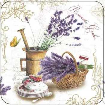prostírání Korkové prostírání pod skleničky Romantic Garden, hmoždíř, levandule, malé - /10,5*10,5 cm/ - 4 ks
