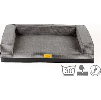 Pelíšek pro psa Ortopedický pelíšek, 5 velikostí, s polstrovaným okrajem šedý velur/spodek šedá eko kůže, 10cm vysoká paměťová pěna, gauč 70x52cm, vnitřní velikost 50x42cm