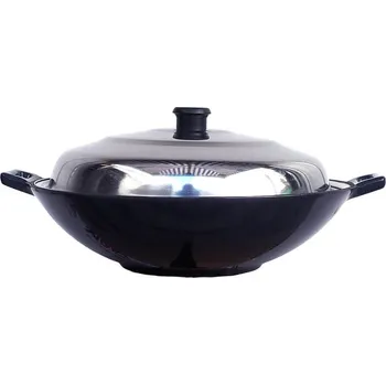 Pánev Litinový wok – smaltovaný povrch, průměr 37 cm + nerezová poklice
