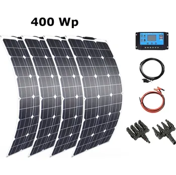solární panel Solární set, 4x flexibilní solární panel 100Wp (celkem 400Wp), PWM Regulátor 30A, kabel pro připojení solárních panelů, kabel pro připojení k baterii 12 nebo 24V (Solární panel 100Wp, solární regulátor, flexibilní solární panel)