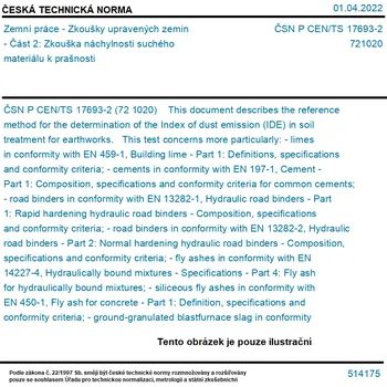 ČSN P CEN/TS 17693-2 - Zemní práce - Zkoušky upravených zemin - Část 2: Zkouška náchylnosti suchého materiálu k prašnosti - Tisk