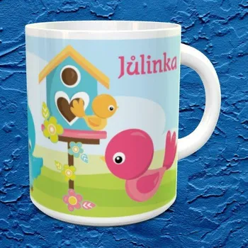 Hrnek se jménem Ptáčci světle modrý vnitřek a ucho Keramický hrnek