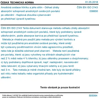ČSN EN ISO 2143 - Anodická oxidace hliníku a jeho slitin - Odhad ztráty absorpční schopnosti anodických oxidových povlaků po utěsnění - Kapková zkouška vybarvování po předchozí úpravě kyselinou - Tisk