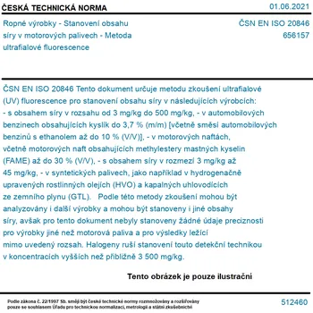 ČSN EN ISO 20846 - Ropné výrobky - Stanovení obsahu síry v motorových palivech - Metoda ultrafialové fluorescence - Tisk