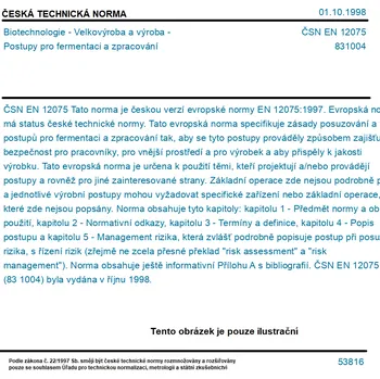 ČSN EN 12075 - Biotechnologie - Velkovýroba a výroba - Postupy pro fermentaci a zpracování - Tisk