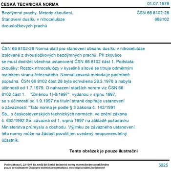ČSN 66 8102-28 - Bezdýmné prachy. Metody zkoušení. Stanovení dusíku v nitrocelulóze dvousložkových prachů - Tisk