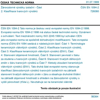 ČSN EN 1094-2 - Žárovzdorné výrobky izolační - Část 2: Klasifikace tvarových výrobků - Tisk