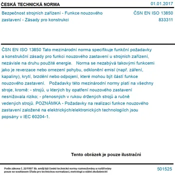 ČSN EN ISO 13850 - Bezpečnost strojních zařízení - Funkce nouzového zastavení - Zásady pro konstrukci - Tisk