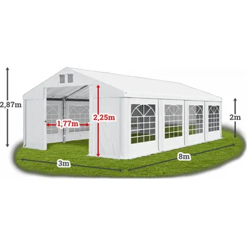 Zahradní stan Párty stan 3x8x2m střecha PVC 560g/m2 boky PVC 500g/m2 konstrukce LÉTO Bílá Šedá Šedá
