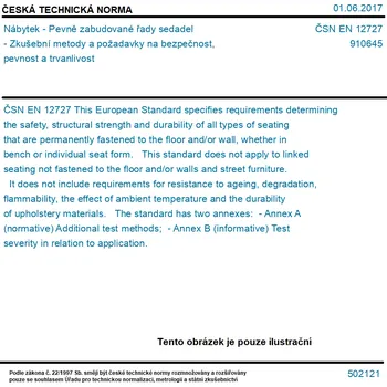 ČSN EN 12727 - Nábytek - Pevně zabudované řady sedadel - Zkušební metody a požadavky na bezpečnost, pevnost a trvanlivost - Tisk